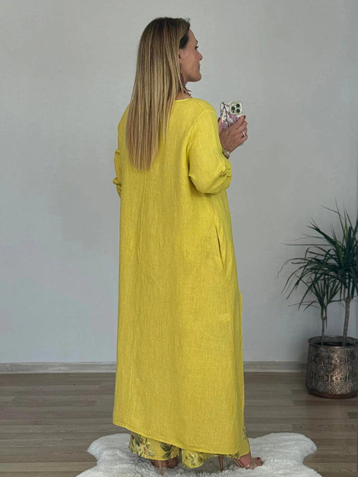 Lniany zestaw casual – top i szerokie spodnie