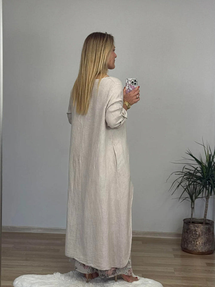 Lniany zestaw casual – top i szerokie spodnie
