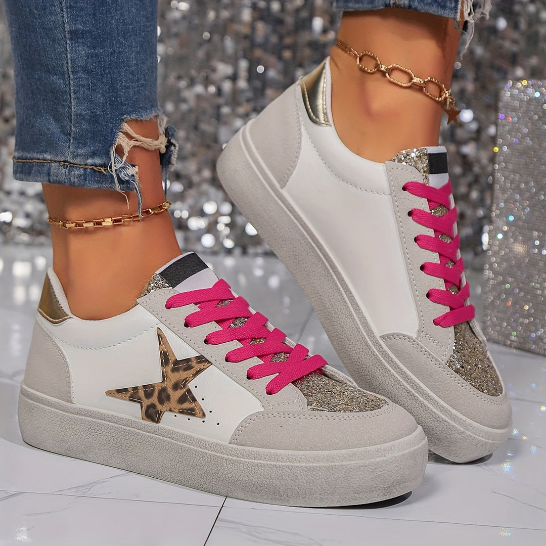 Damskie sneakers z luipaardprintem i gwiazdkami casualowe niskie buty