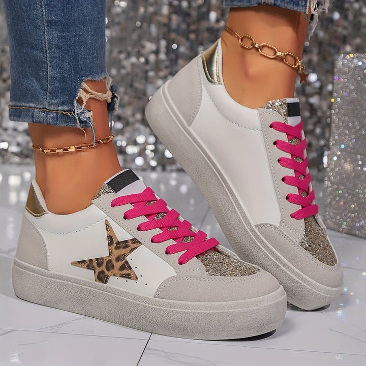 Damskie sneakers z luipaardprintem i gwiazdkami casualowe niskie buty
