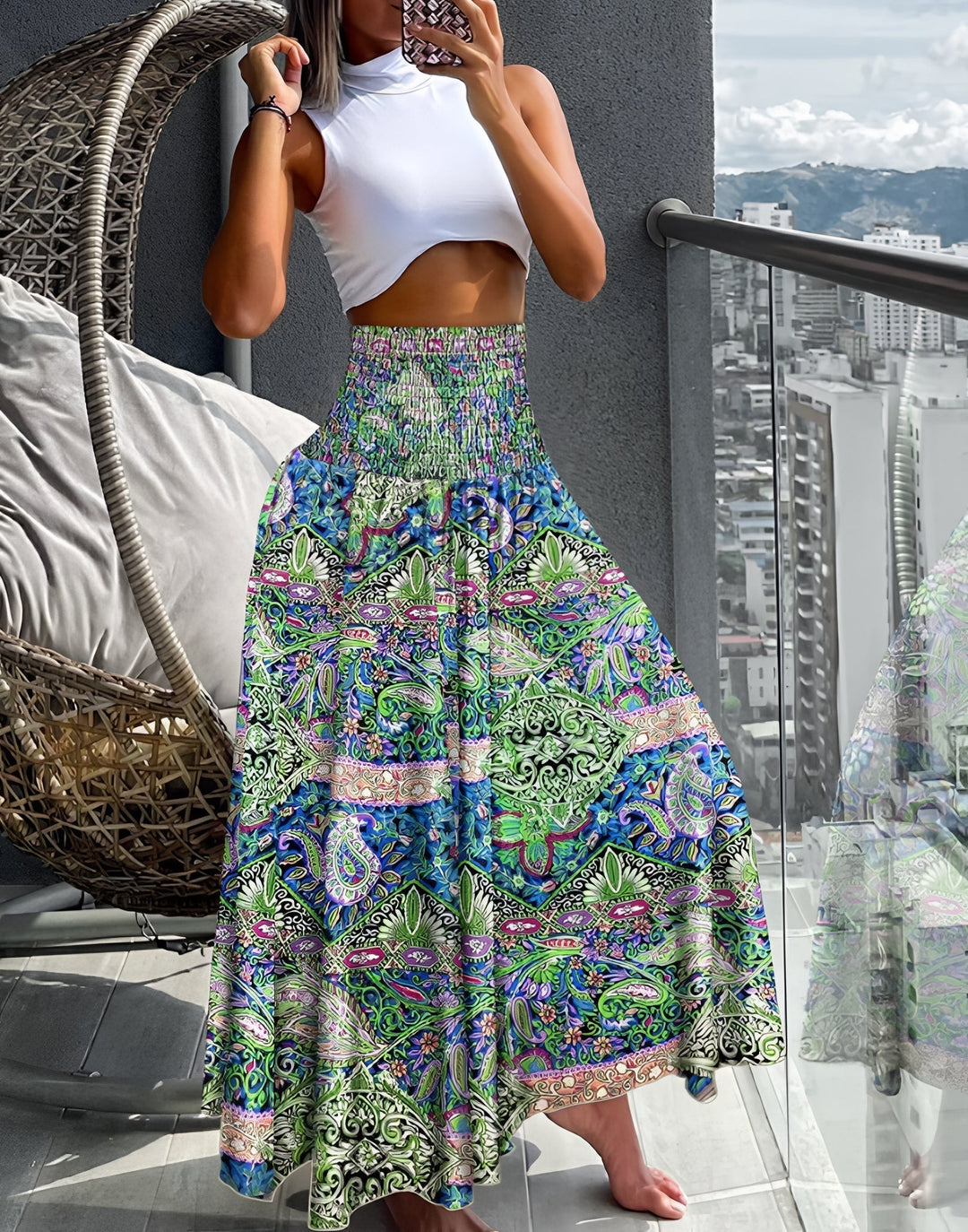 Elegancka spódnica maxi w kwiaty wysoki stan