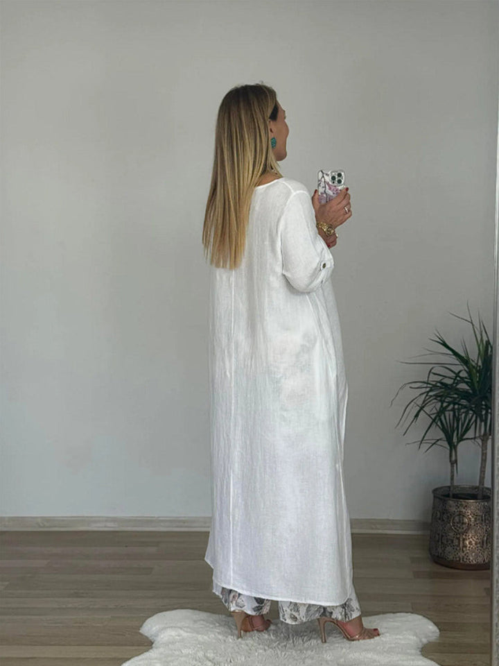Lniany zestaw casual – top i szerokie spodnie