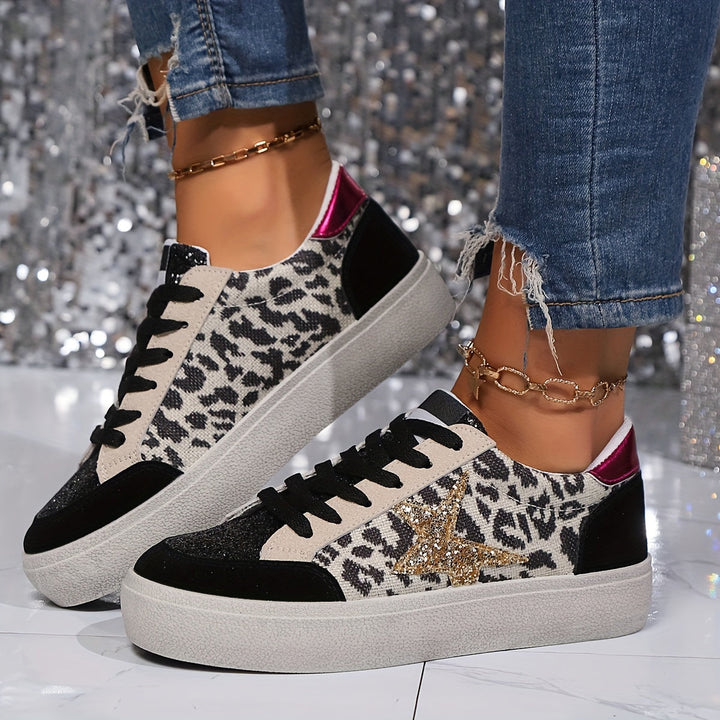Damskie sneakers z luipaardprintem i gwiazdkami casualowe niskie buty