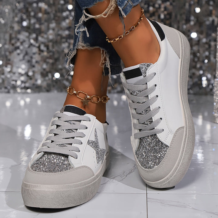 Damskie sneakers z luipaardprintem i gwiazdkami casualowe niskie buty