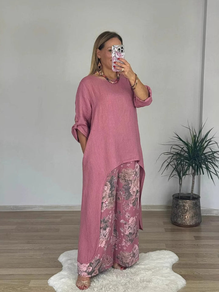 Lniany zestaw casual – top i szerokie spodnie