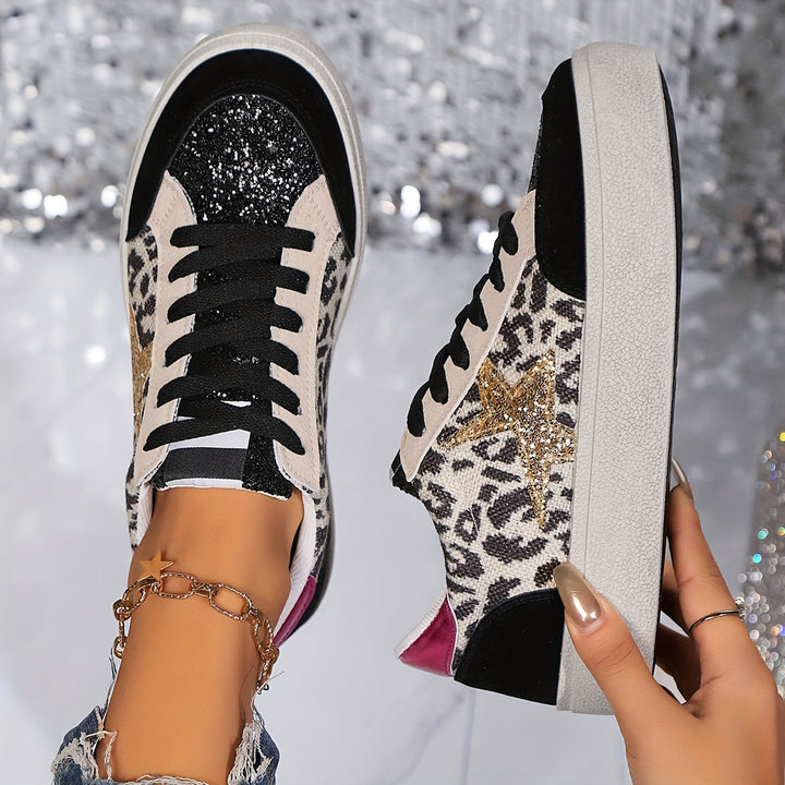 Damskie sneakers z luipaardprintem i gwiazdkami casualowe niskie buty