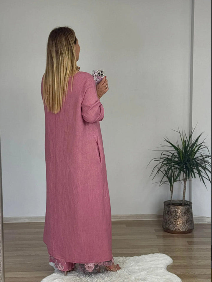 Lniany zestaw casual – top i szerokie spodnie