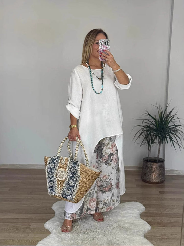 Lniany zestaw casual – top i szerokie spodnie