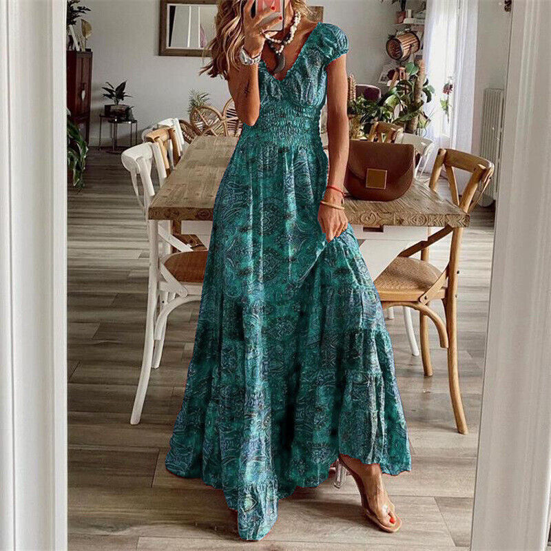 Sukienka Boho Krótki Rękaw Luksusowy Materiał