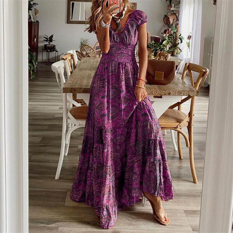 Sukienka Boho Krótki Rękaw Luksusowy Materiał