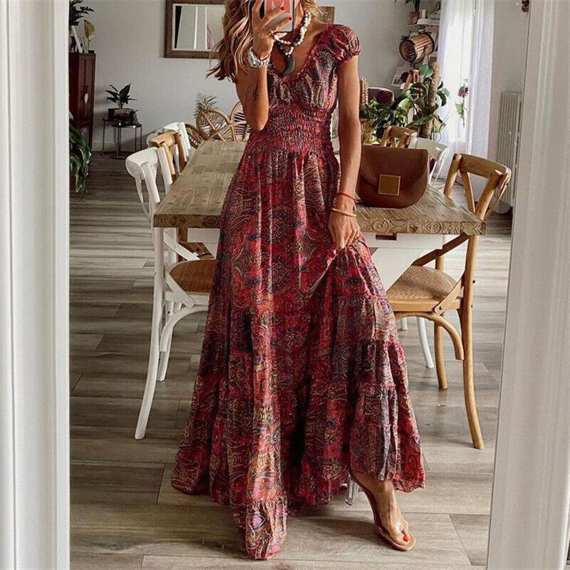 Sukienka Boho Krótki Rękaw Luksusowy Materiał